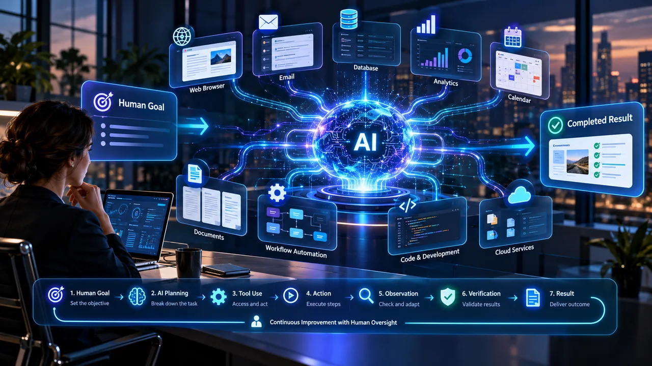 An AI agent turning a human goal into completed work across connected tools, with a person keeping oversight