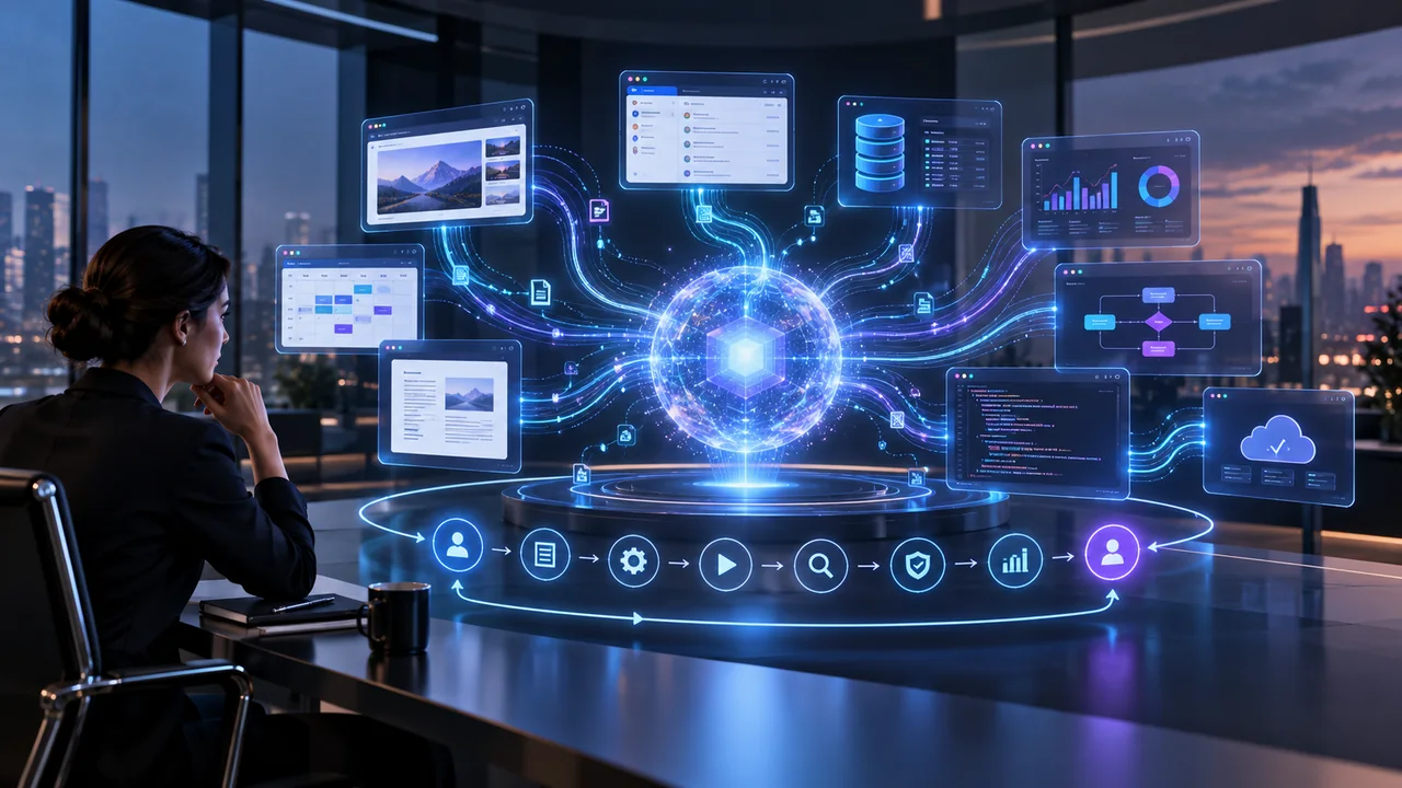 An AI agent working through a continuous loop of planning, acting, checking the result and continuing toward a goal