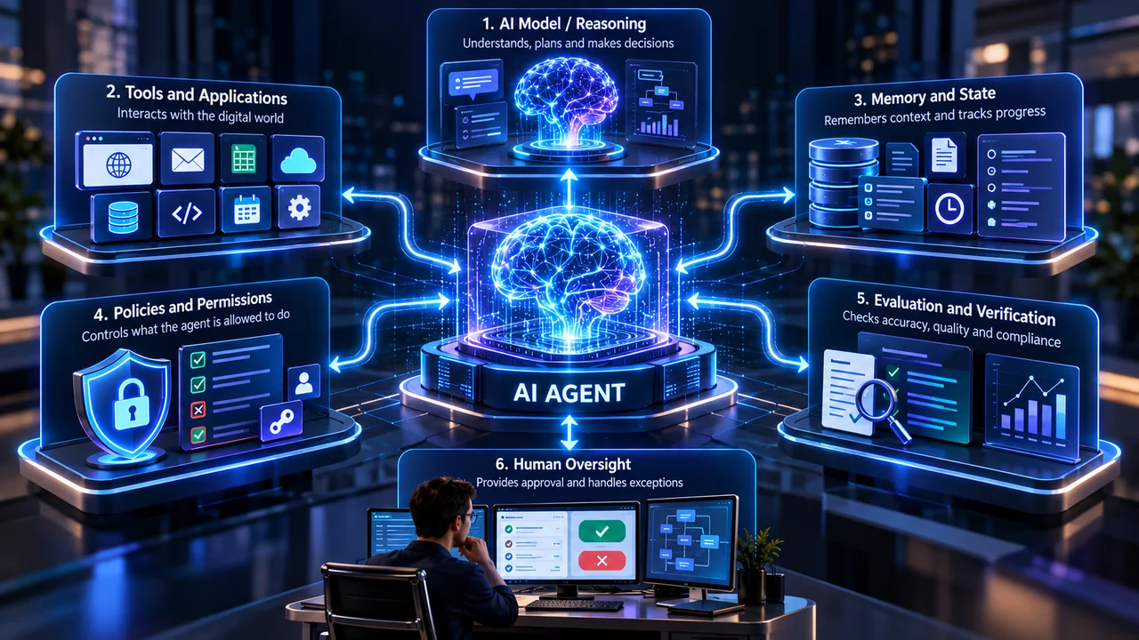 The six parts of a practical AI agent: model, tools, memory and state, policies and permissions, evaluation, and human oversight
