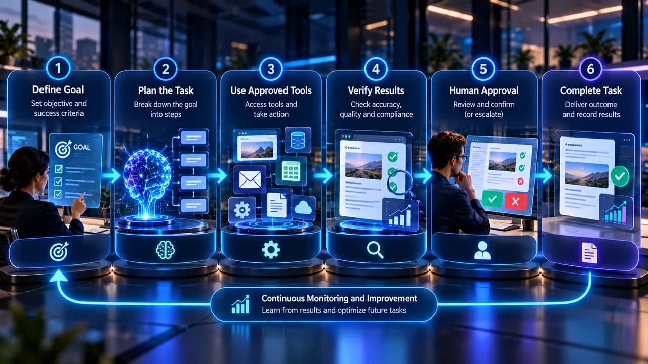A safe six-step AI agent workflow: define the goal, plan, use approved tools, verify results, get human approval, complete