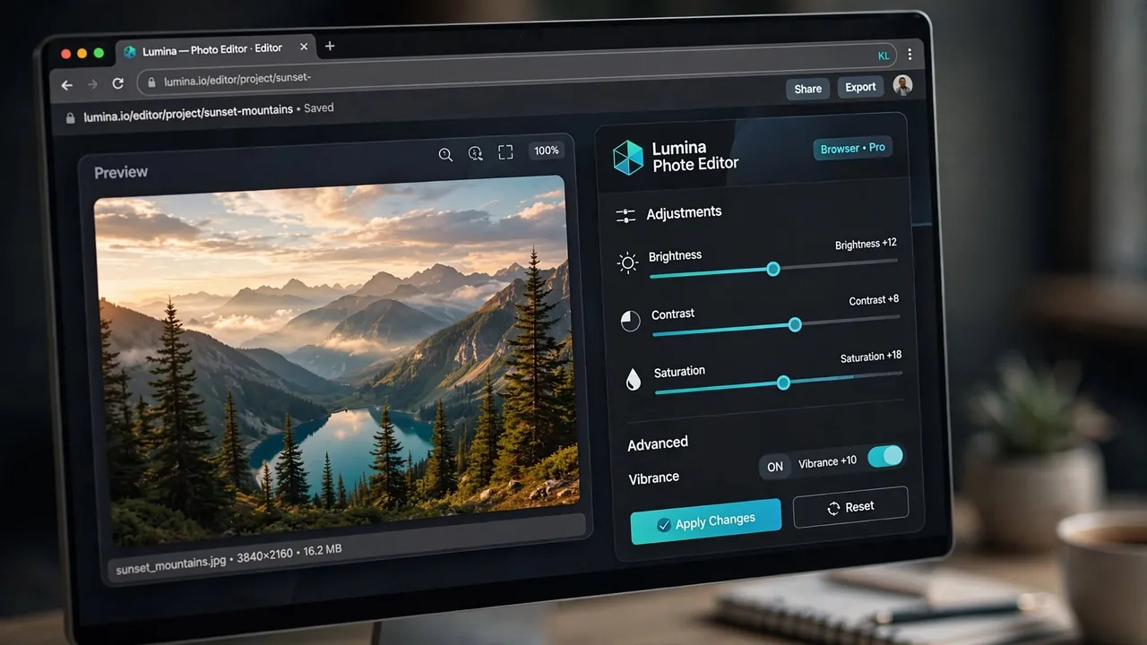An in-browser editing interface with brightness, contrast and saturation sliders