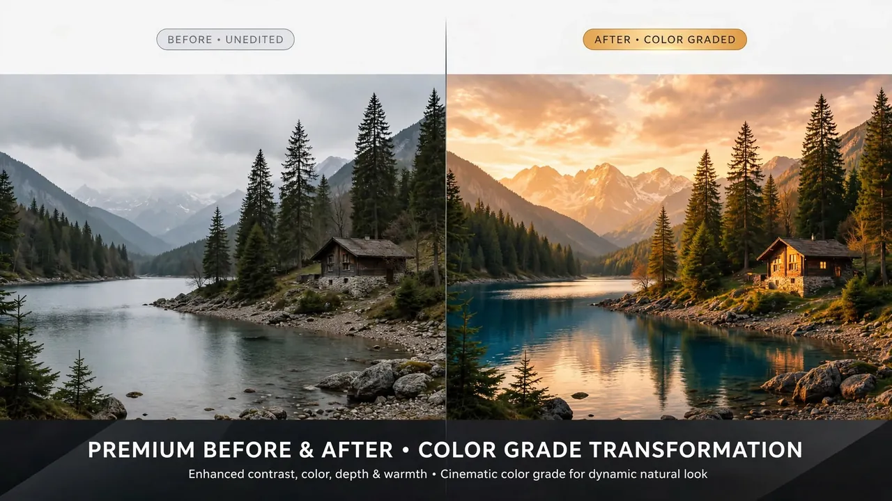 A split image of a plain photo and a richly graded version