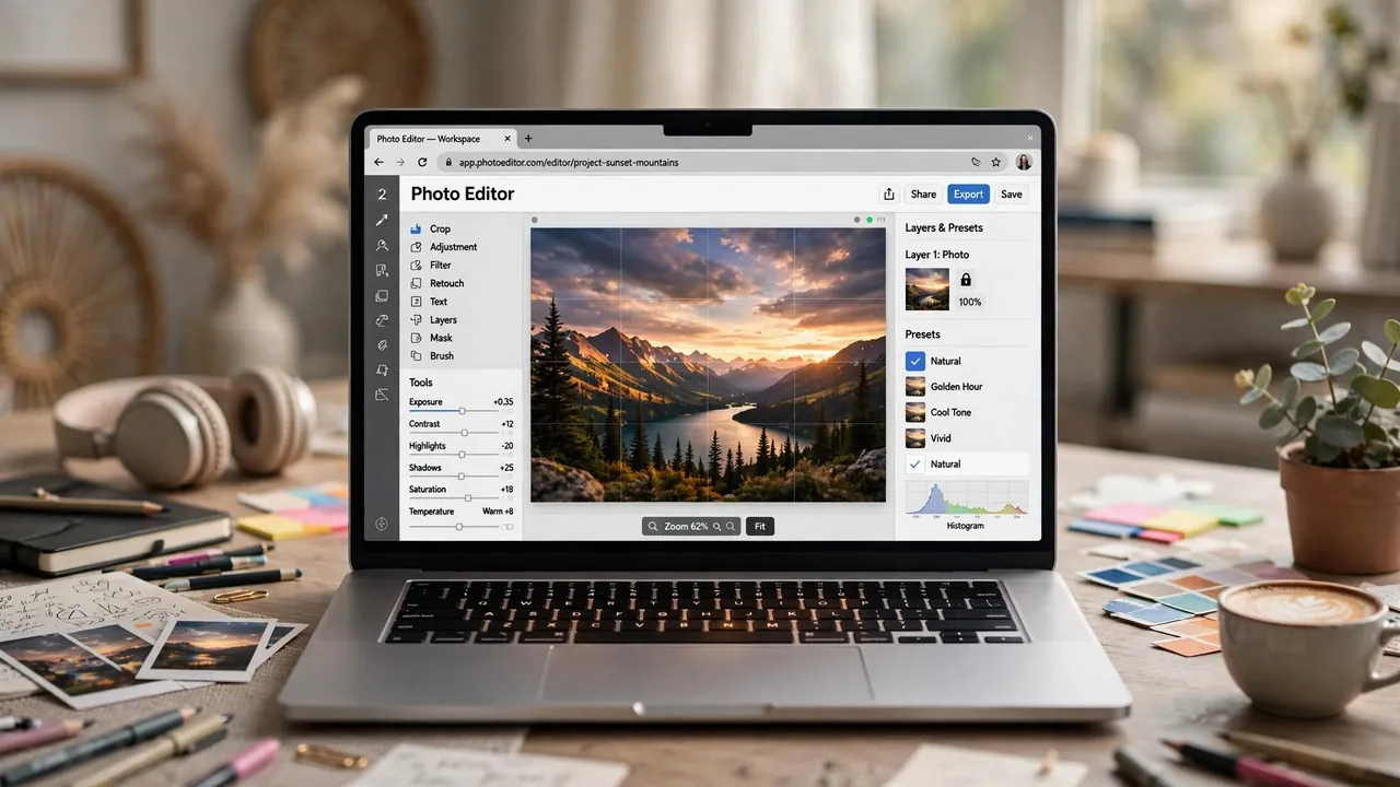 A laptop showing a photo editor open inside a browser window