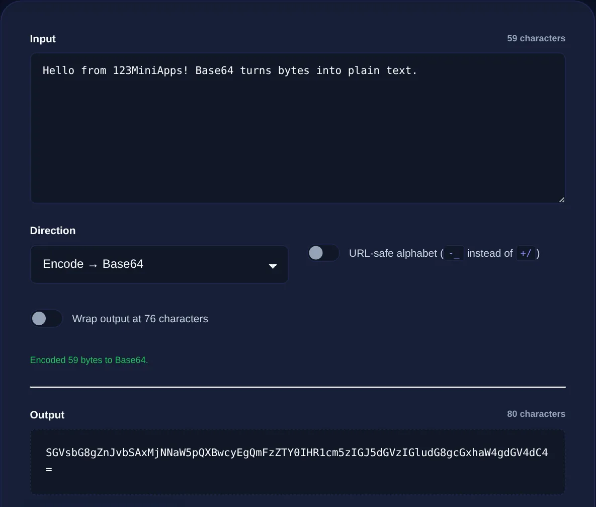 Screenshot of the Base64 Encoder / Decoder on 123MiniApps showing an example result