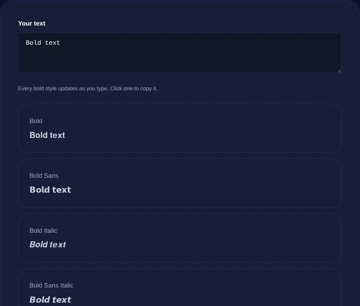 Screenshot of the Bold Text Generator on 123MiniApps showing an example result