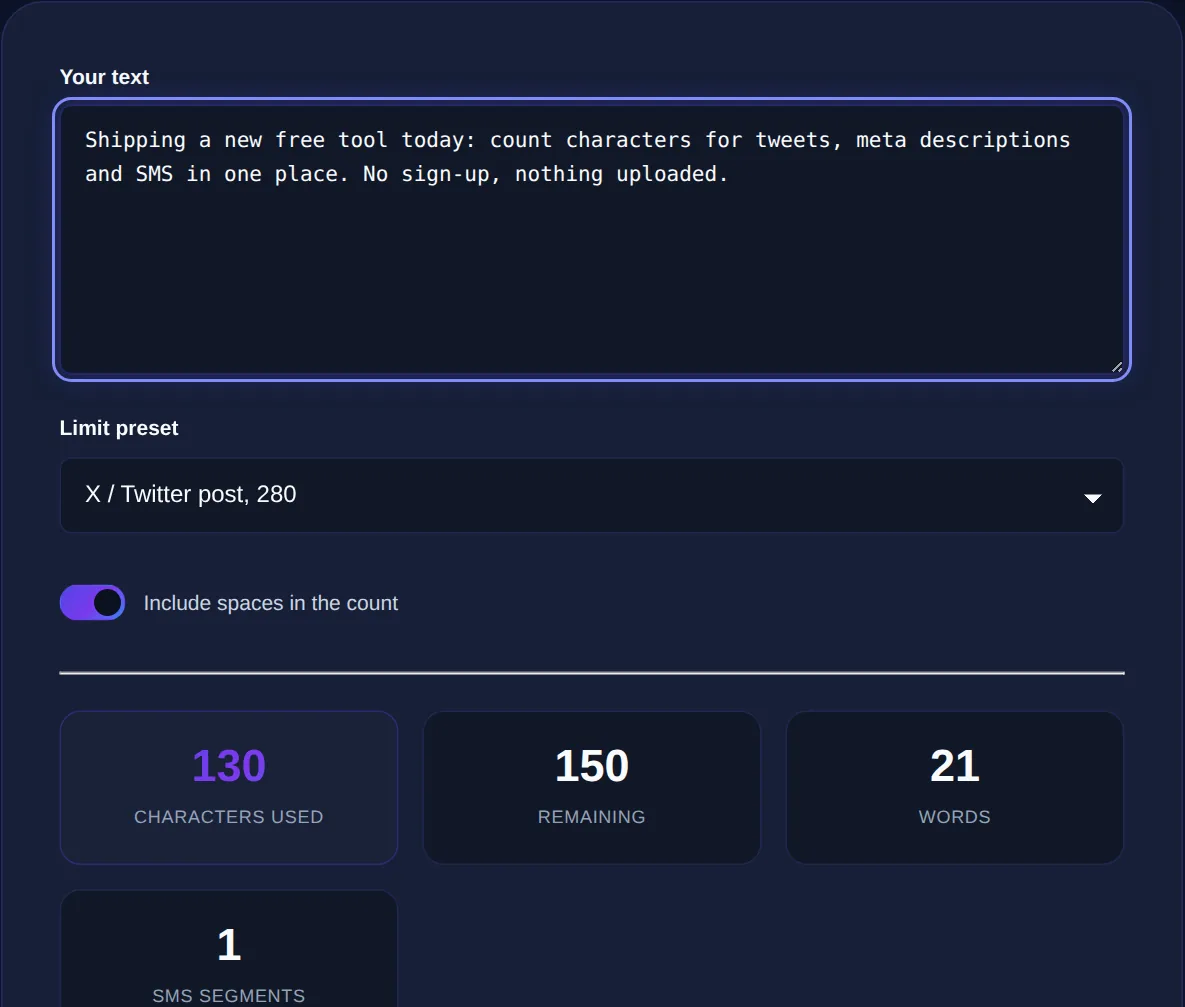 Screenshot of the Character Counter on 123MiniApps showing an example result