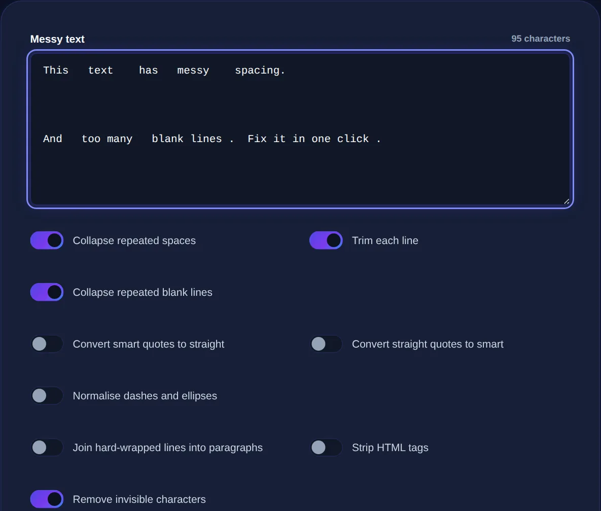 Screenshot of the Text Formatter on 123MiniApps showing an example result
