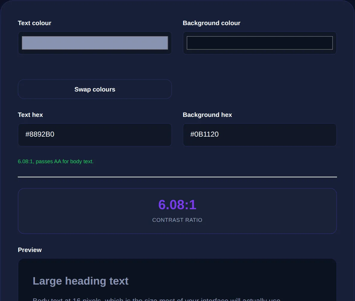 Screenshot of the Contrast Checker on 123MiniApps showing an example result
