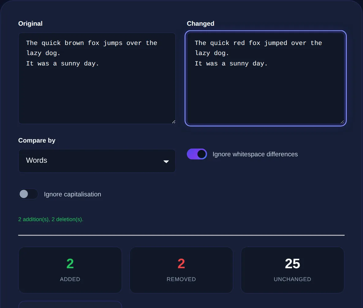 Screenshot of the Text Diff Checker on 123MiniApps showing an example result