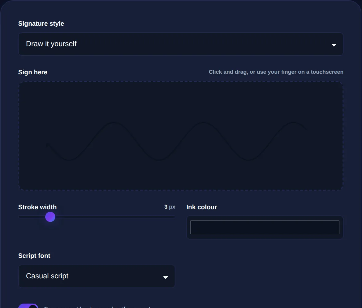 Screenshot of the Signature Generator on 123MiniApps showing an example result