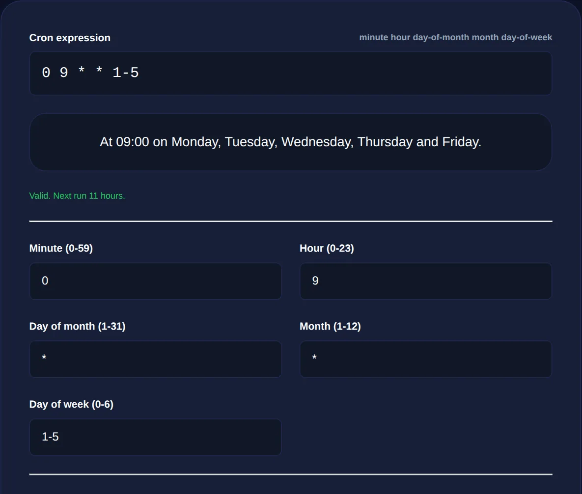 Screenshot of the Cron Expression Builder on 123MiniApps showing an example result