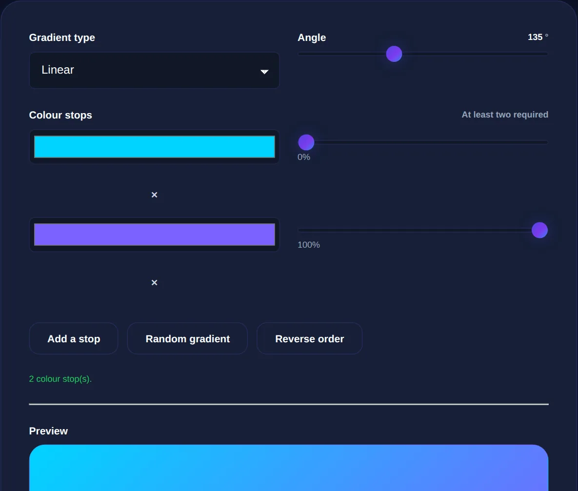 Screenshot of the Gradient Generator on 123MiniApps showing an example result
