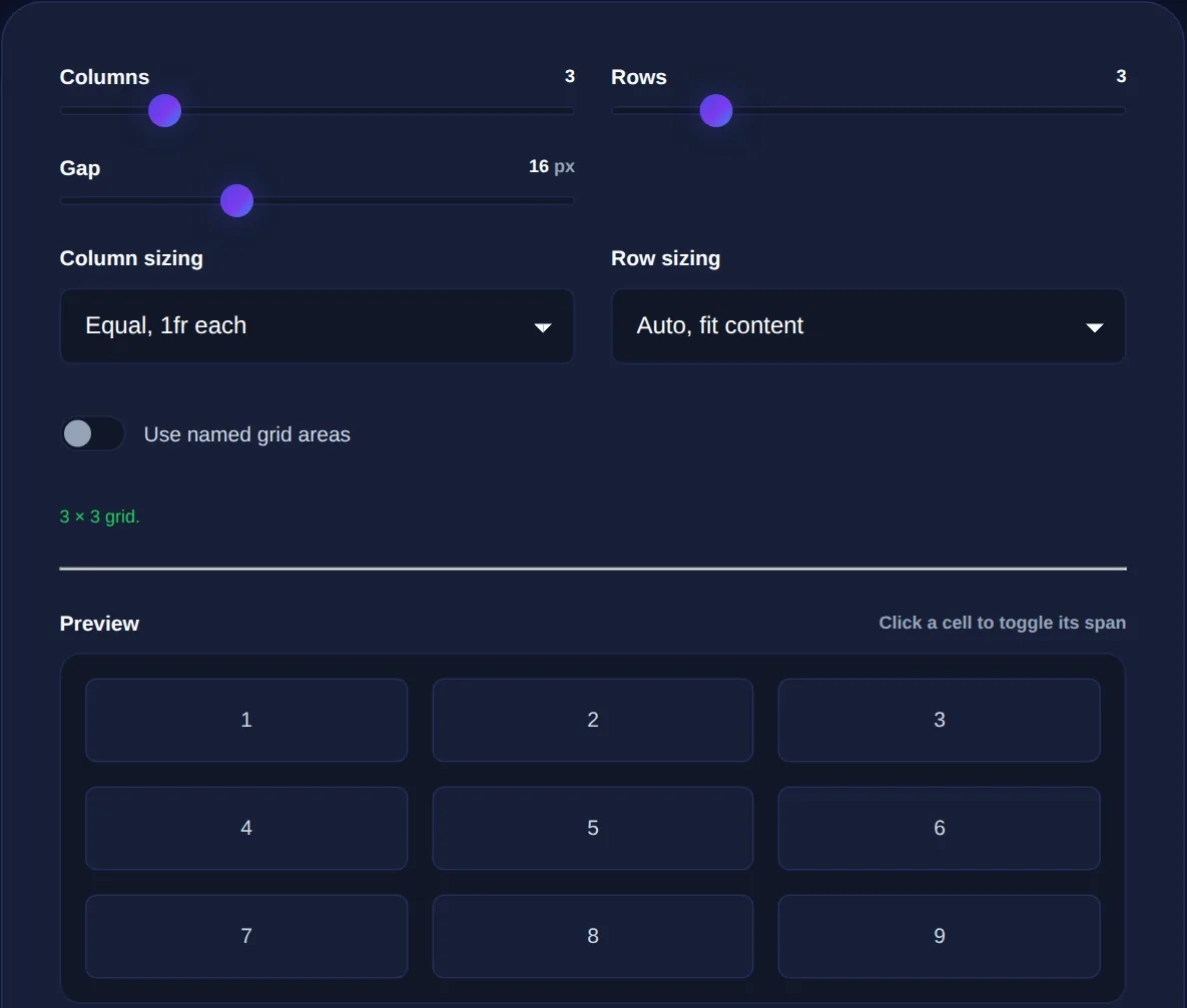 Screenshot of the CSS Grid Generator on 123MiniApps showing an example result