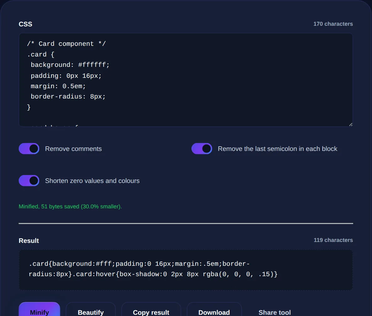 Screenshot of the CSS Minifier on 123MiniApps showing an example result