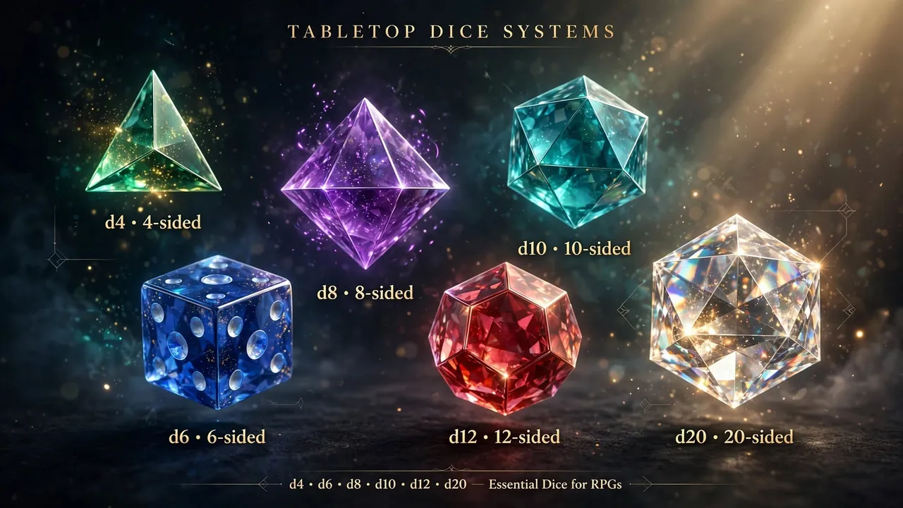 Polyhedral tabletop RPG dice arranged dramatically with cinematic lighting