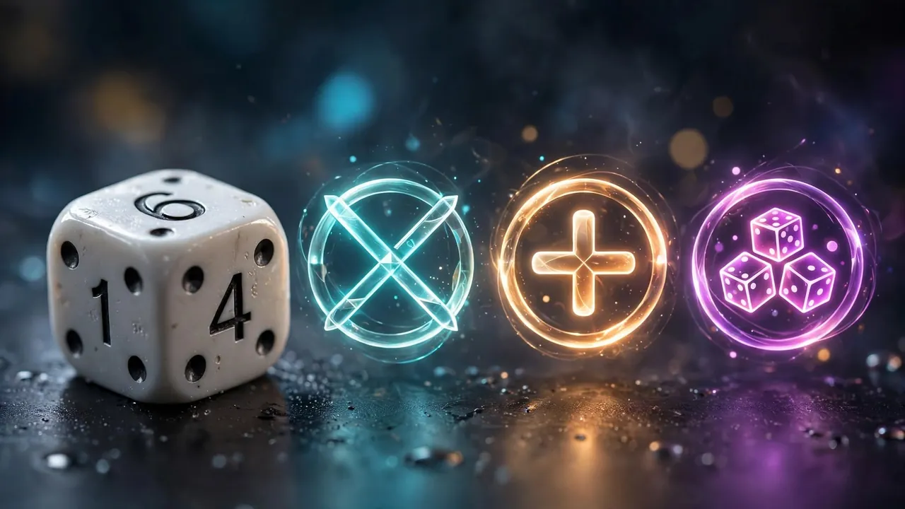A six-sided die beside symbolic multiplier and plus markers
