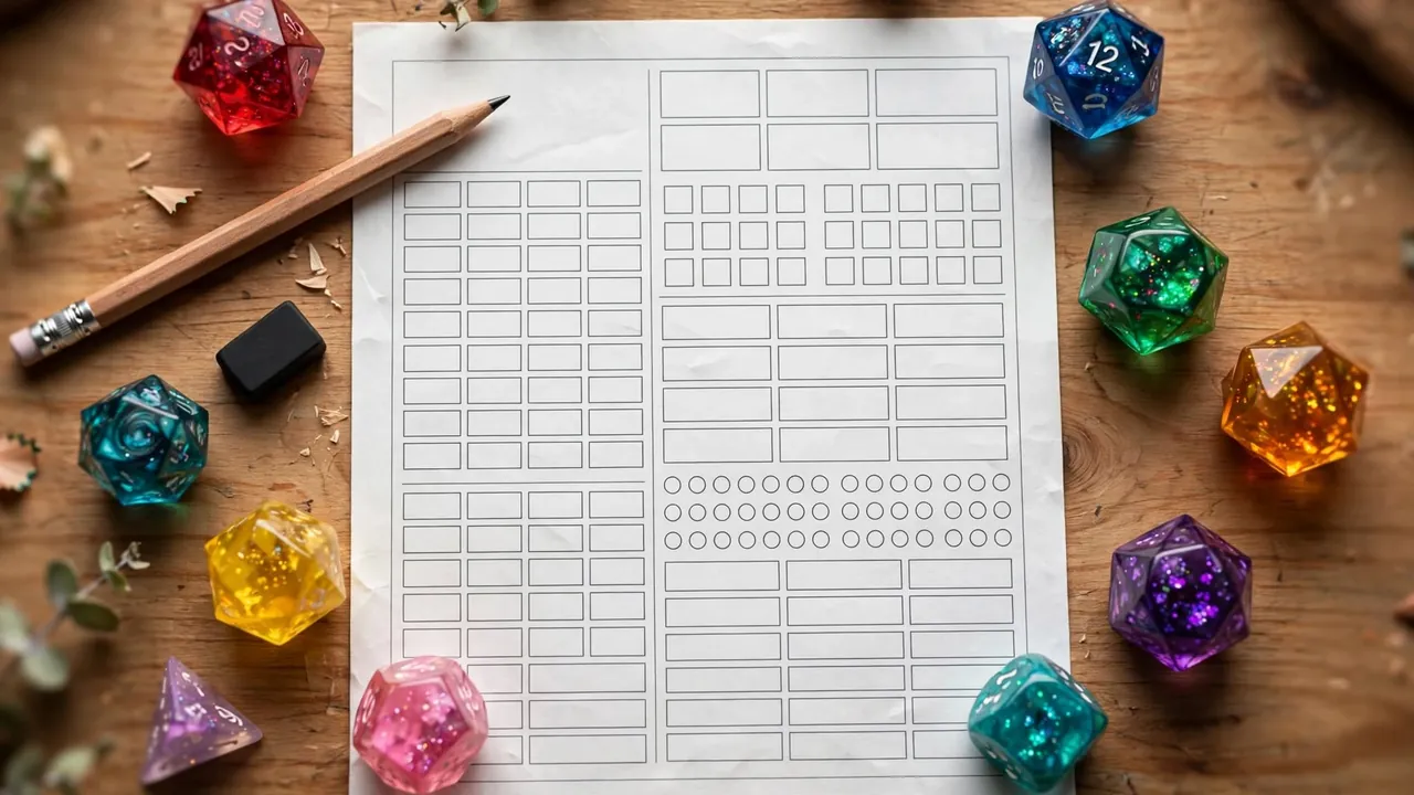 Top-down dice, a pencil and a blank character sheet