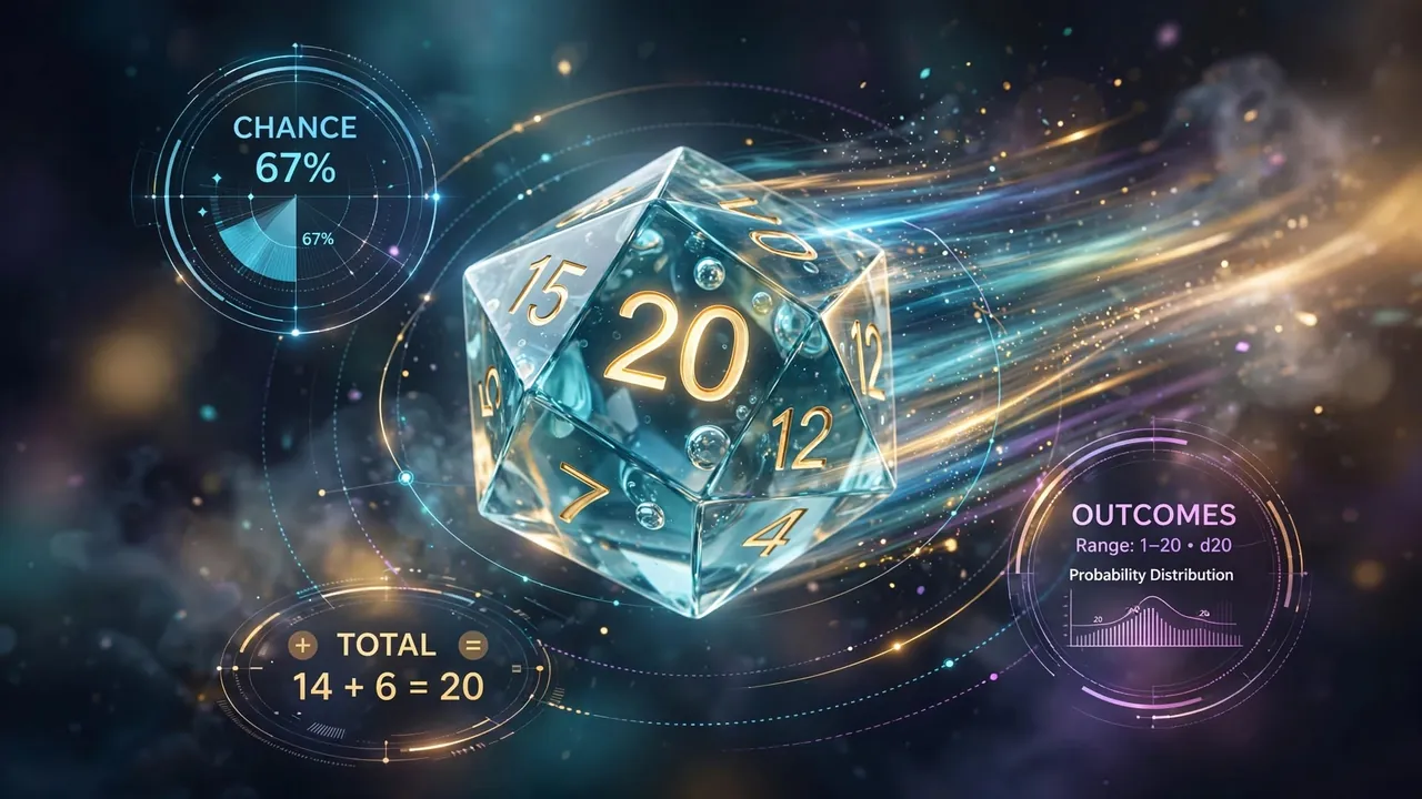 A translucent twenty-sided die captured mid-roll