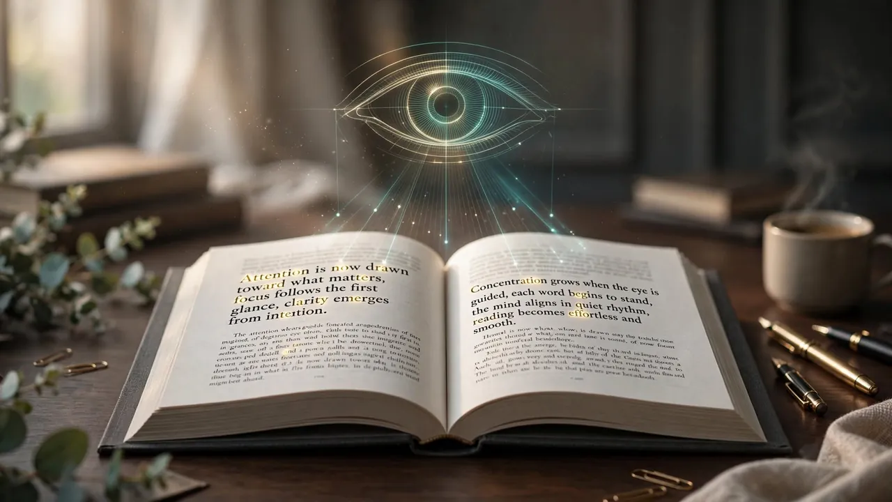 Open book with the start of each word emphasised and an eye-focus motif above it