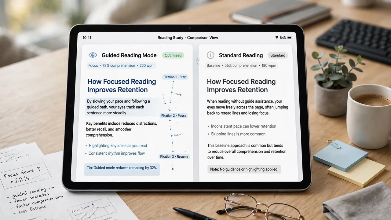 A tablet showing a guided-reading paragraph beside a plain one