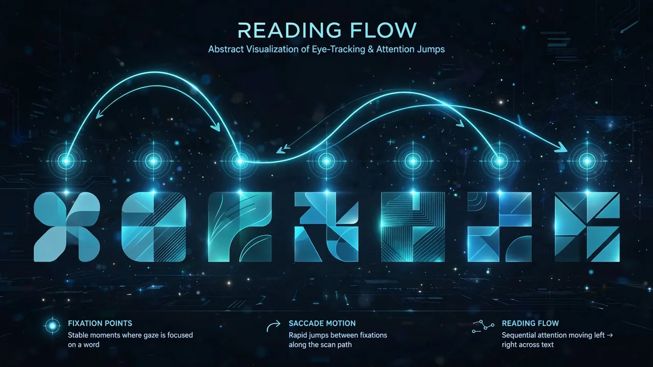 A reading-flow path with glowing fixation points across a row of words