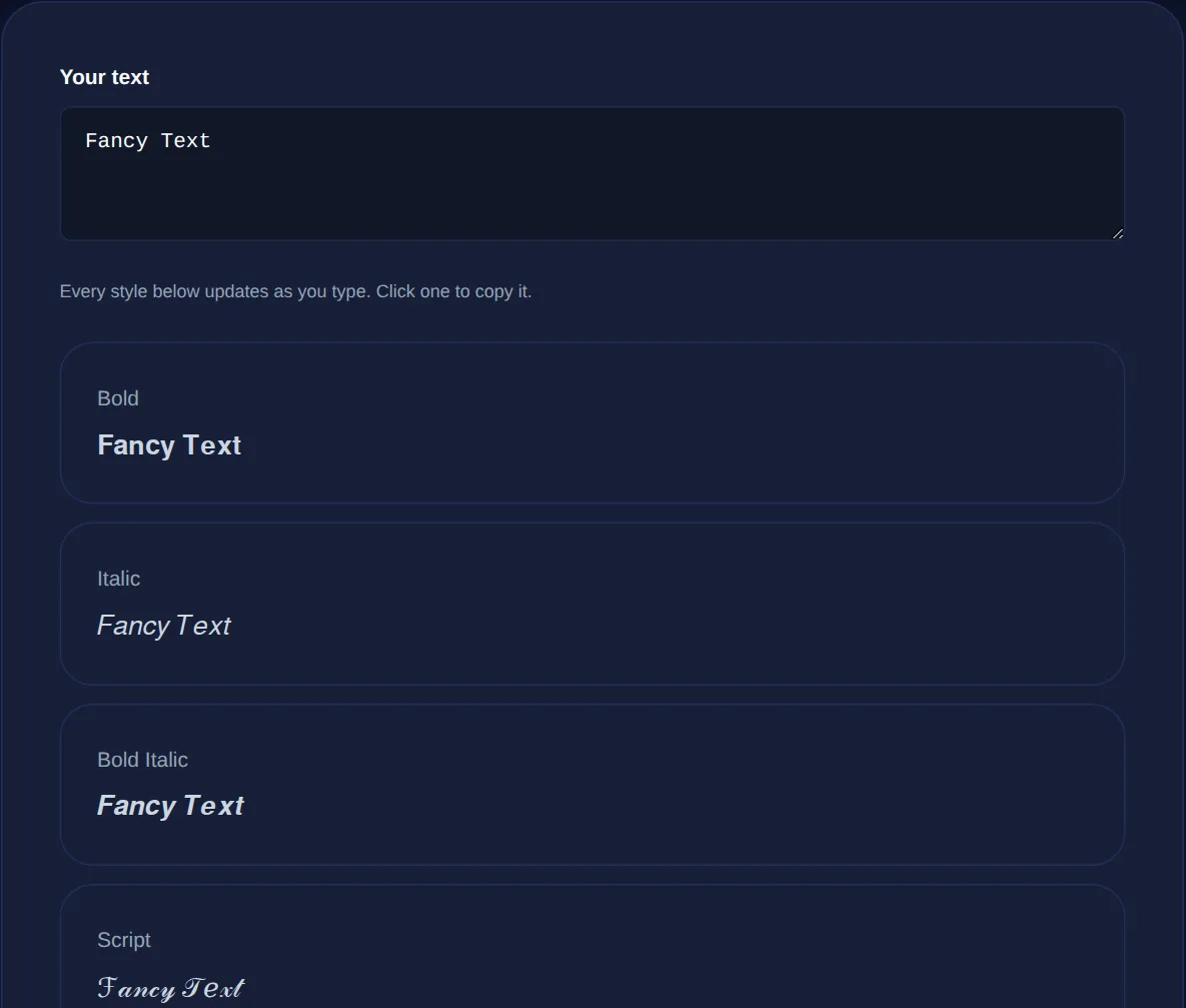 Screenshot of the Fancy Text Generator on 123MiniApps showing an example result