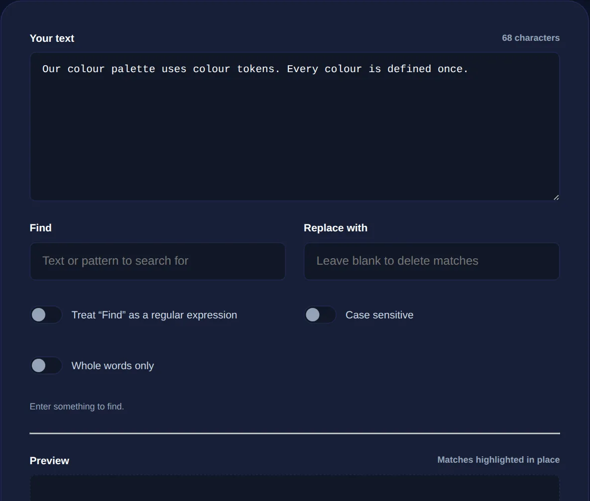 Screenshot of the Find and Replace on 123MiniApps showing an example result