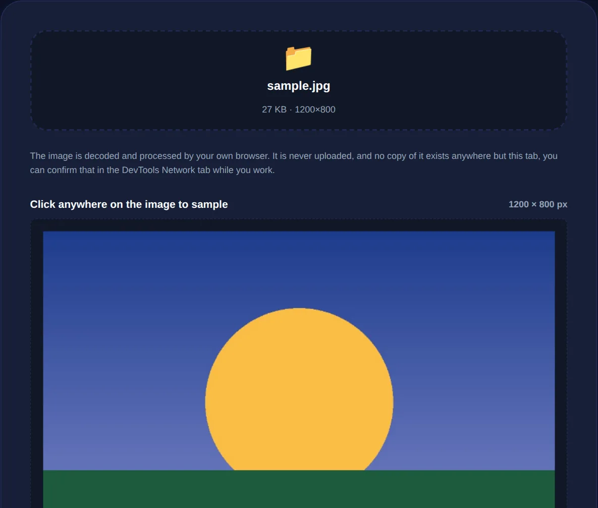 Screenshot of the Color Picker from Image on 123MiniApps showing an example result