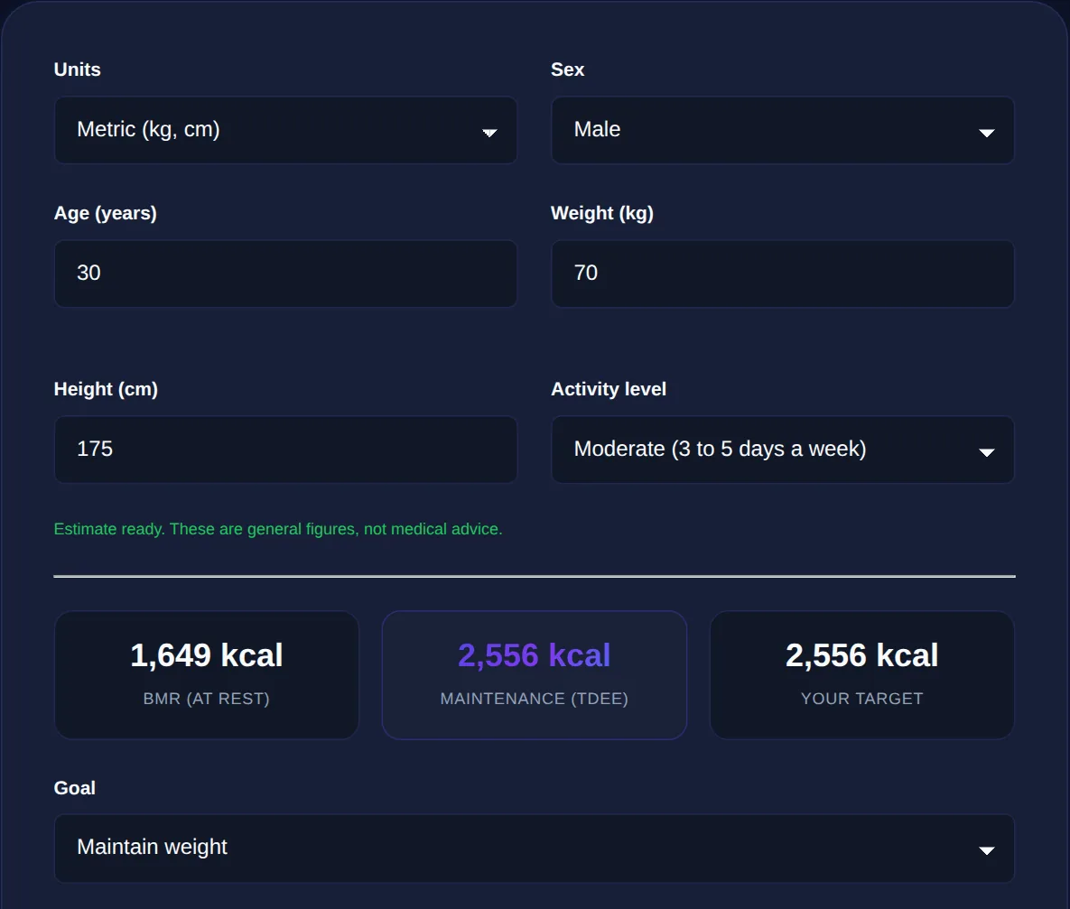 Screenshot of the Calorie Calculator on 123MiniApps showing an example result