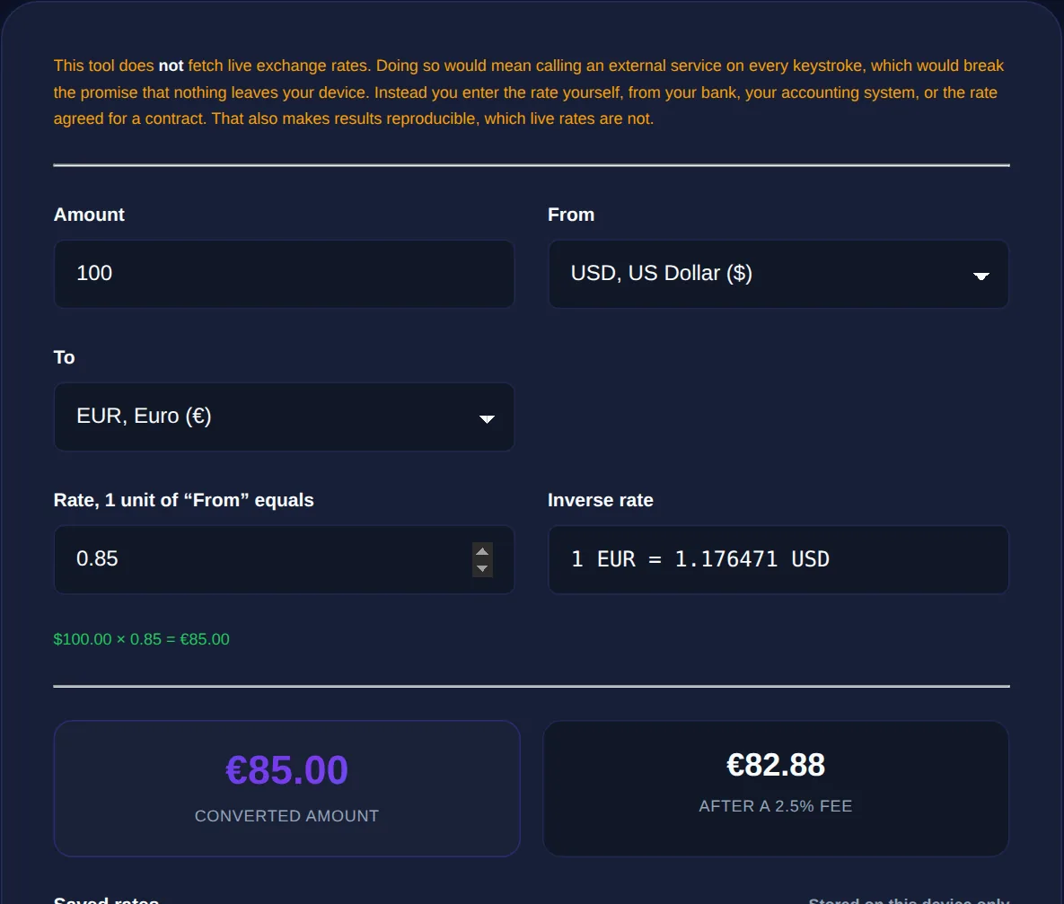 Screenshot of the Currency Converter on 123MiniApps showing an example result