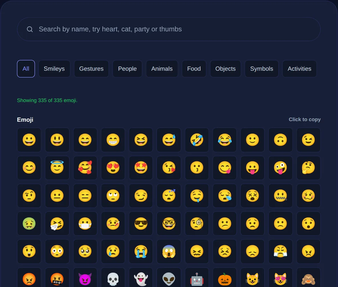 Screenshot of the Emoji Picker on 123MiniApps showing an example result