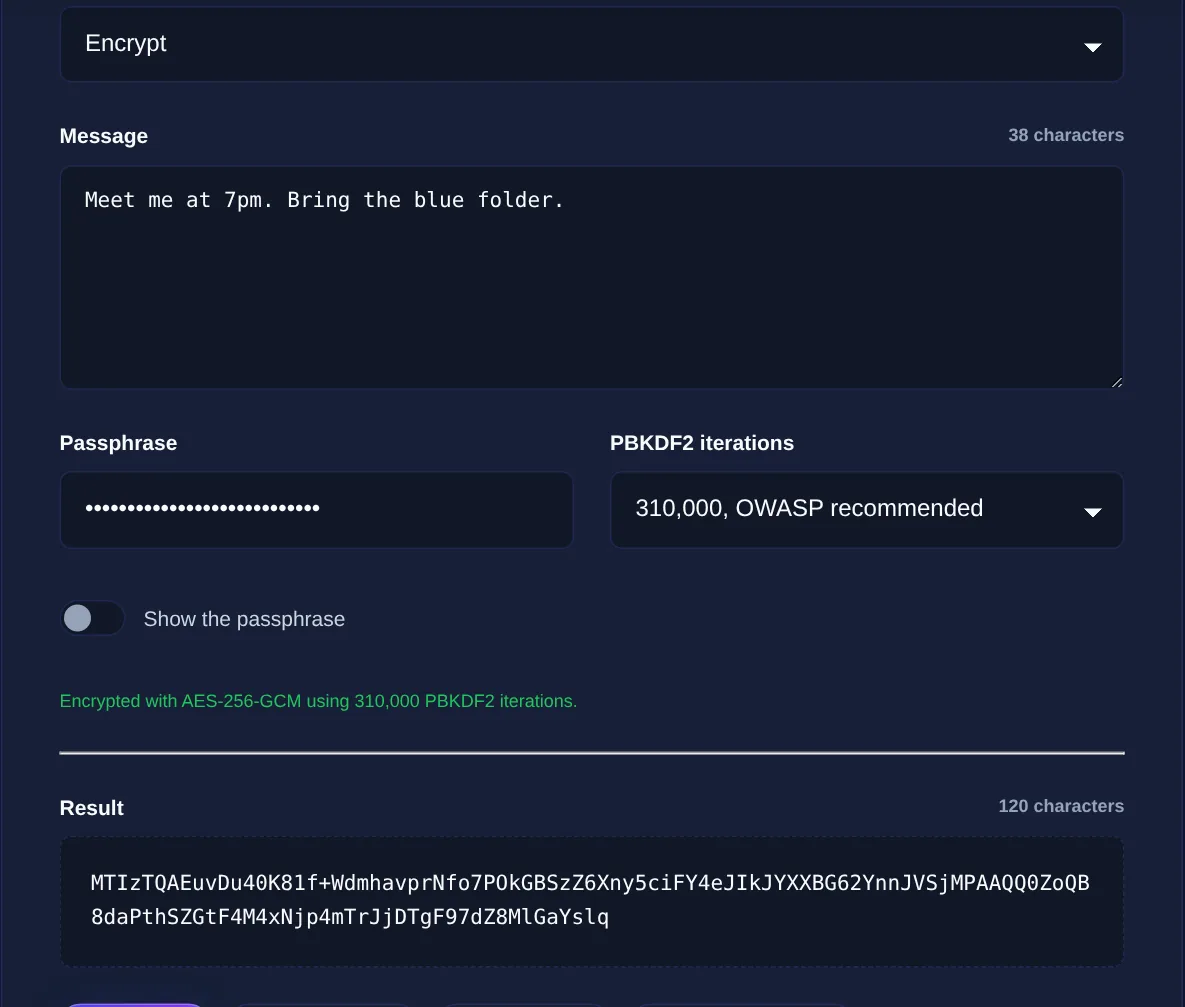 Screenshot of the Encryption Tool on 123MiniApps showing an example result