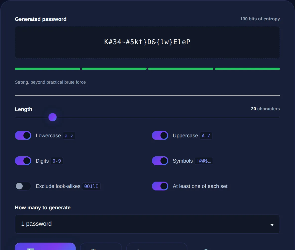 Screenshot of the Password Generator on 123MiniApps showing an example result