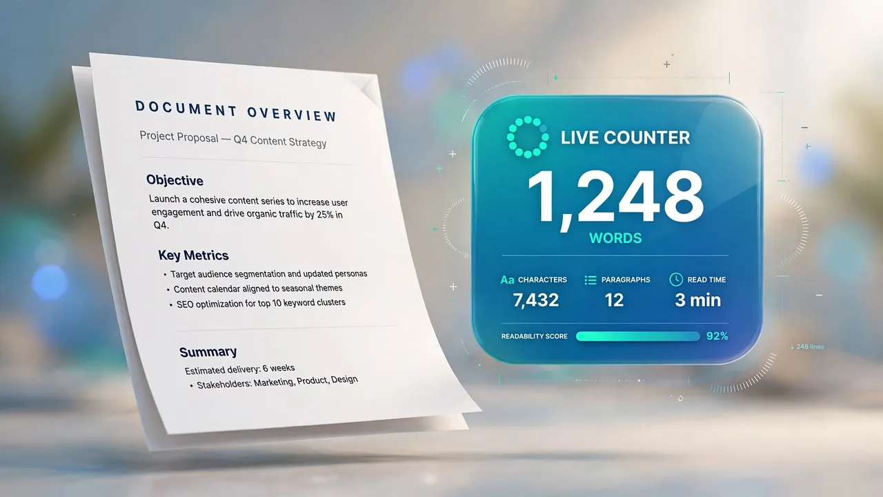 A clean document page with a floating counter badge and counting indicators