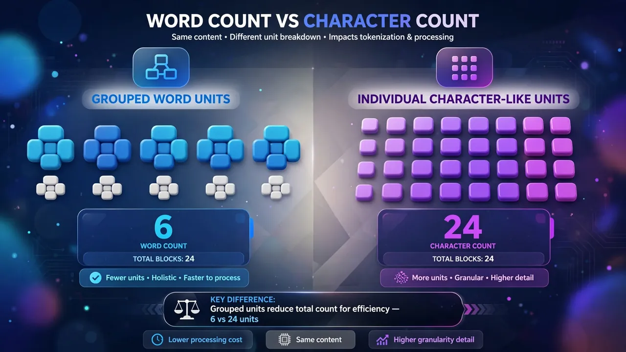 Two panels comparing grouped word units versus individual character units