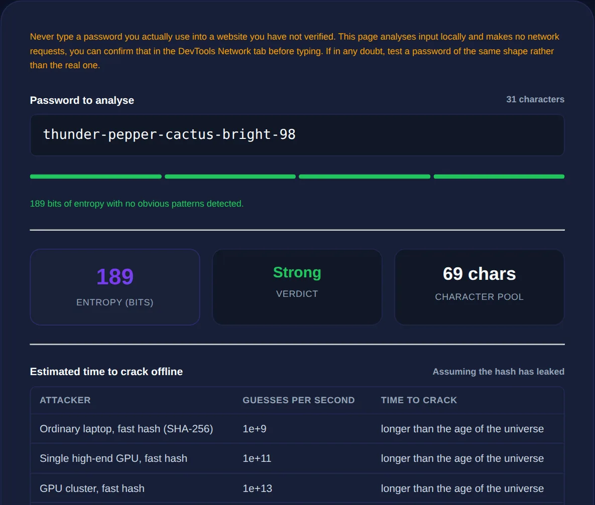 Screenshot of the Password Strength Checker on 123MiniApps showing an example result