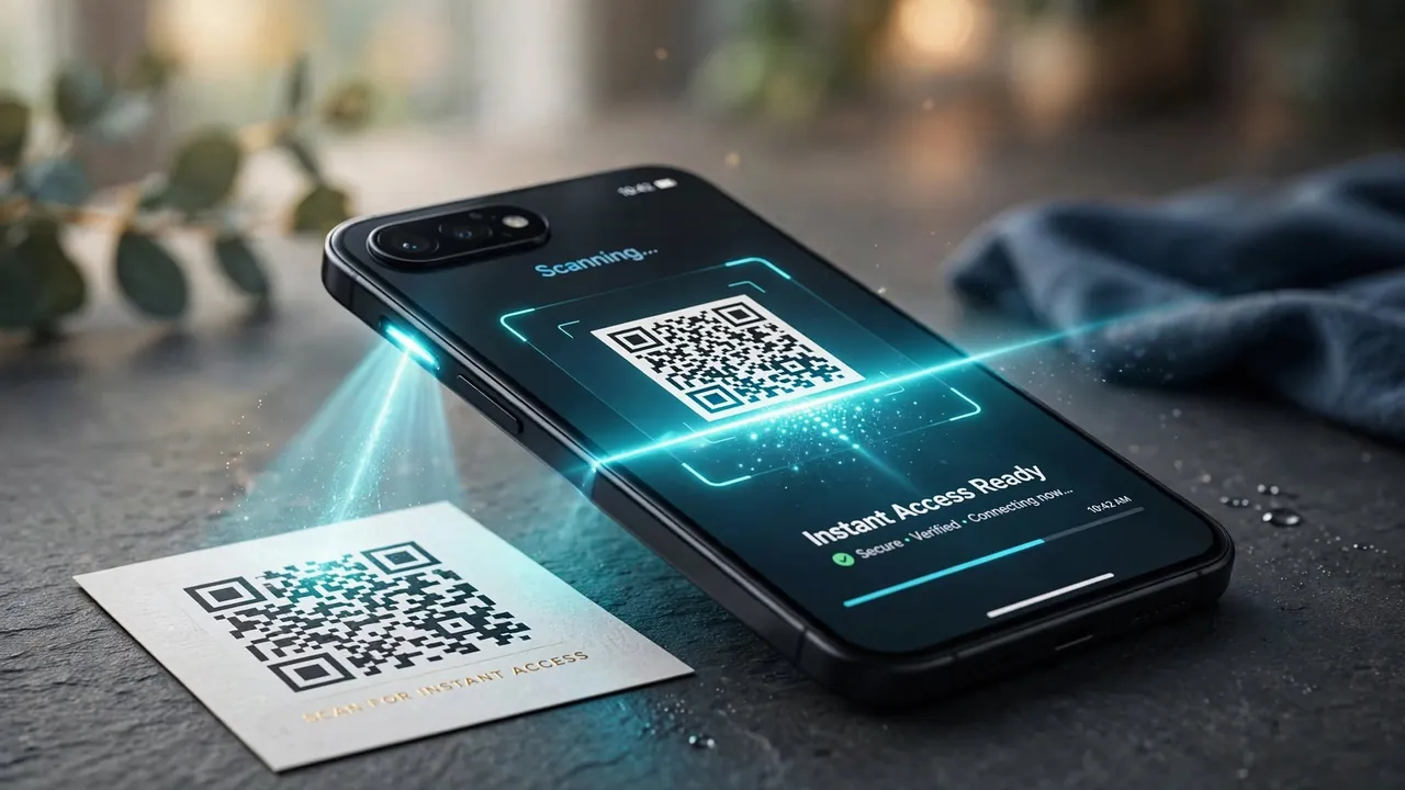 A smartphone scanning a crisp QR code with a visible scan beam