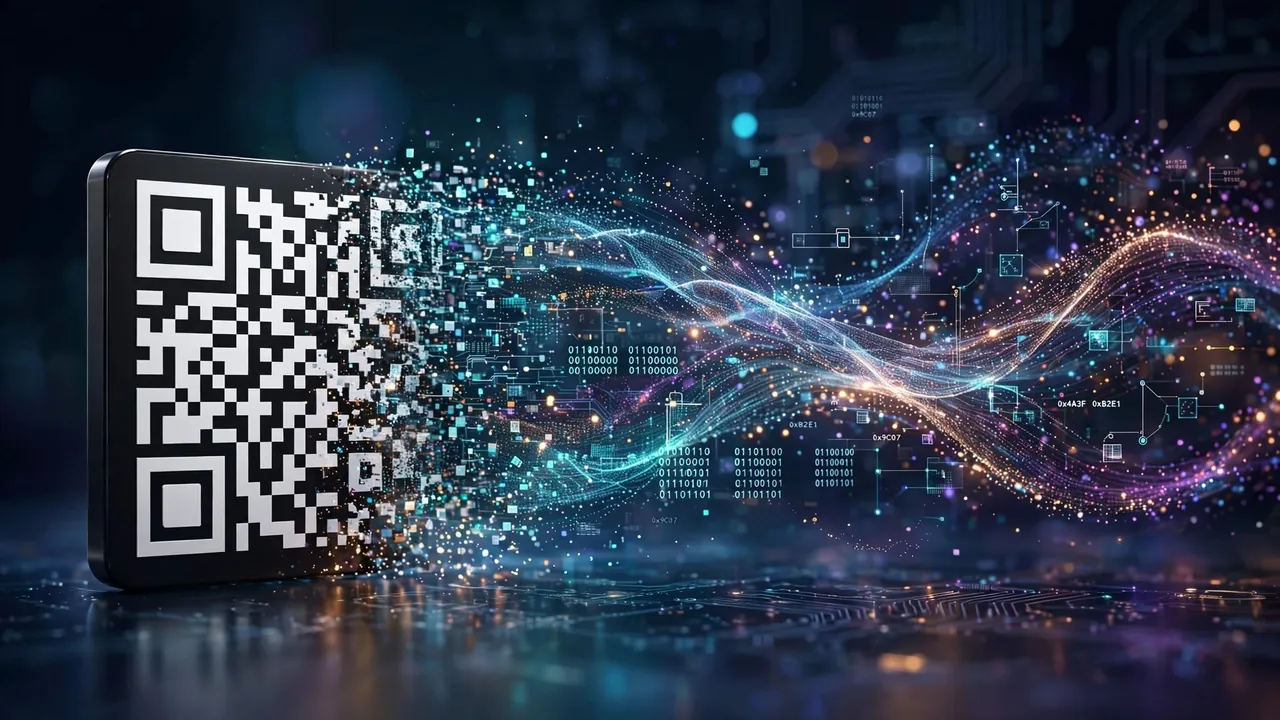 A QR code dissolving into streams of data particles