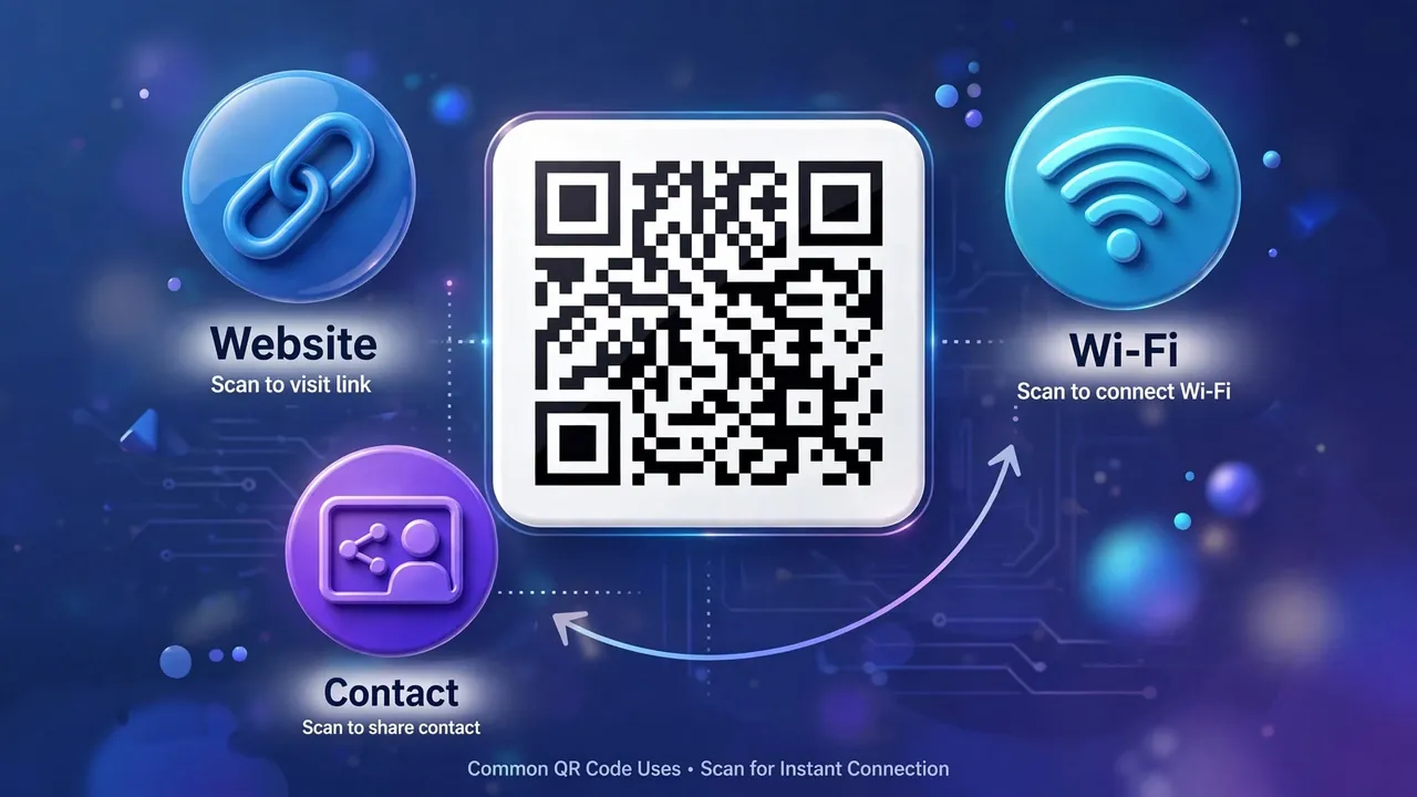 A QR code surrounded by icons for a link, wifi and a contact card