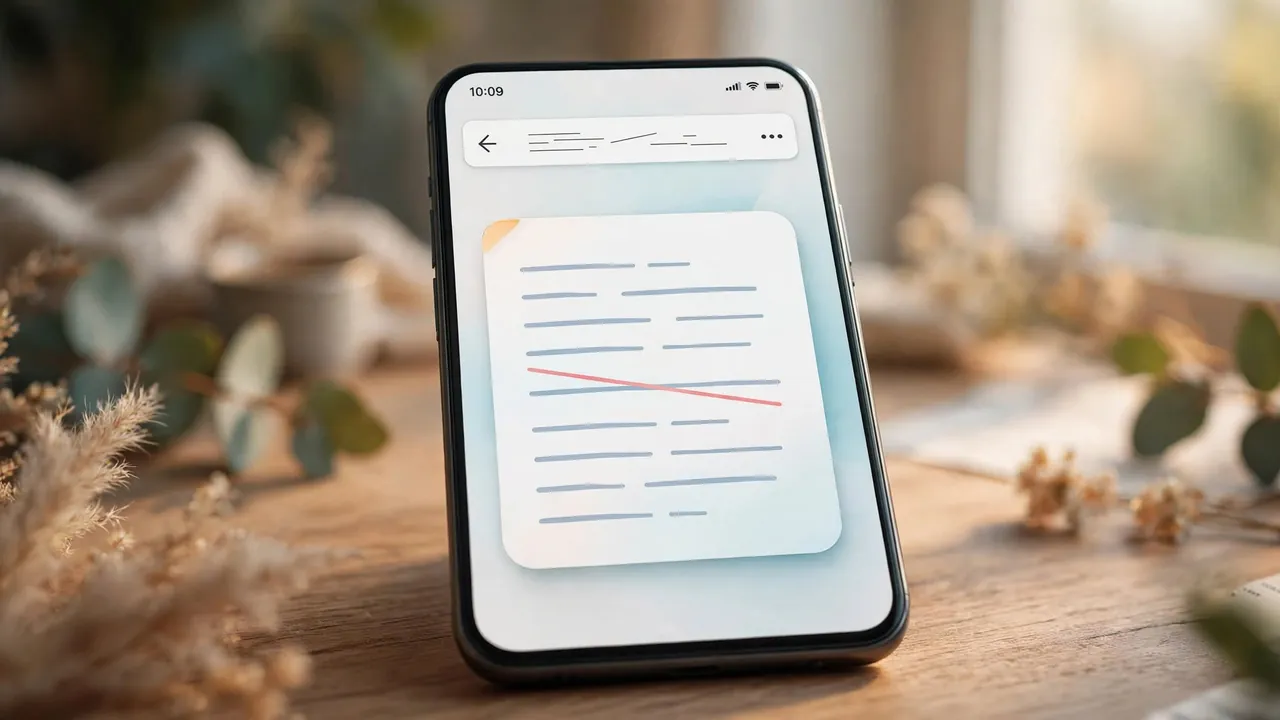 A phone screen with a message card where part of the text is crossed out