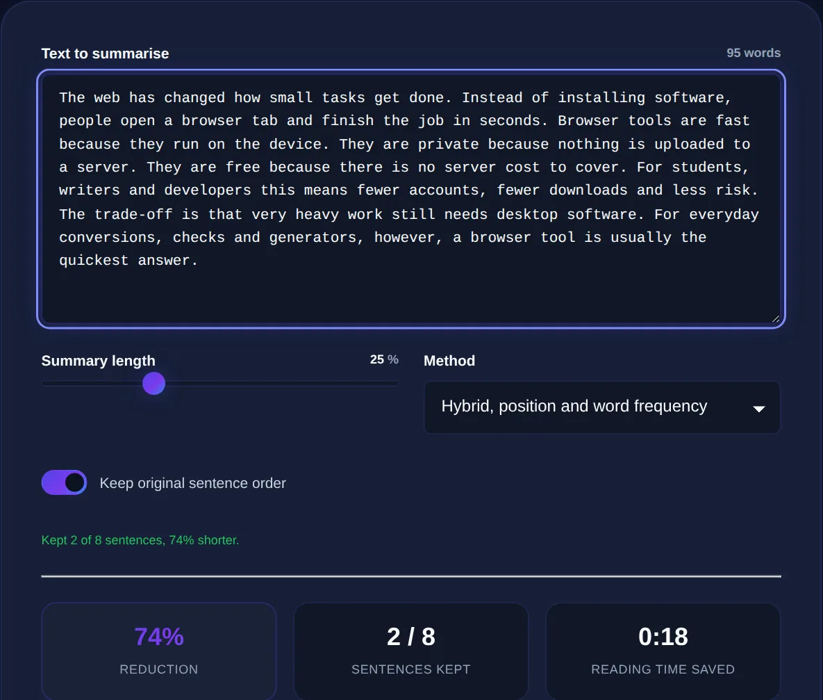 Screenshot of the Text Summarizer on 123MiniApps showing an example result