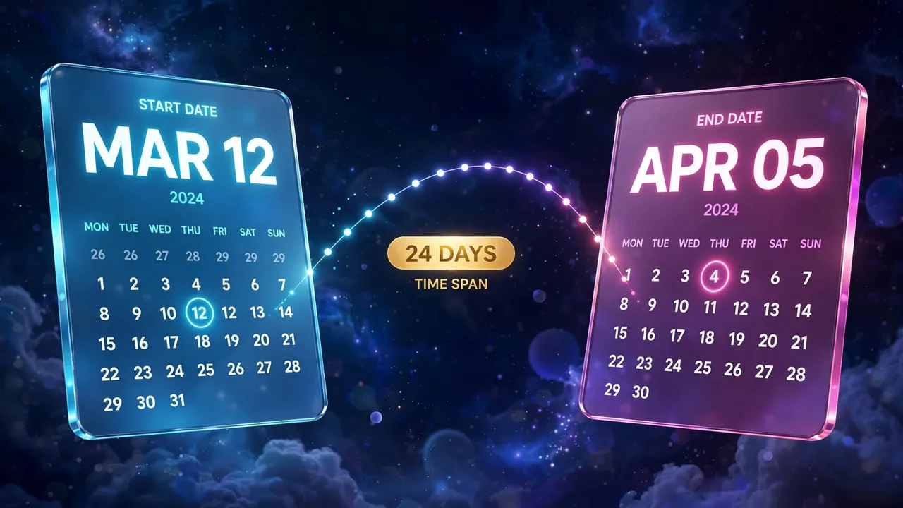 Two calendar dates linked by a luminous arc dotted with day markers