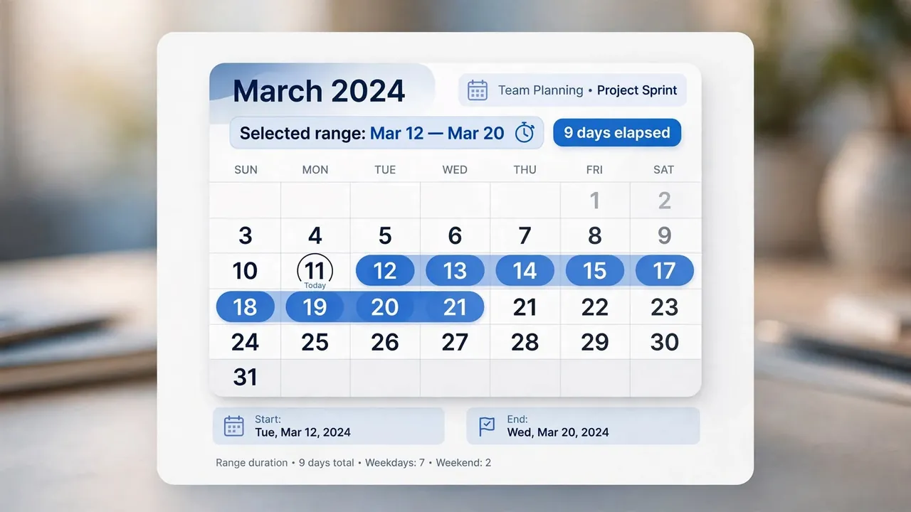 A monthly calendar with a continuous range of days highlighted