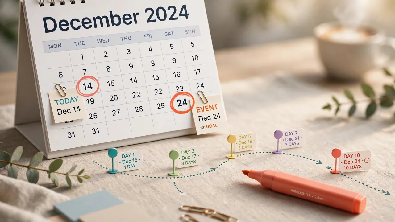 A calendar with a marker on a future date and a countdown path