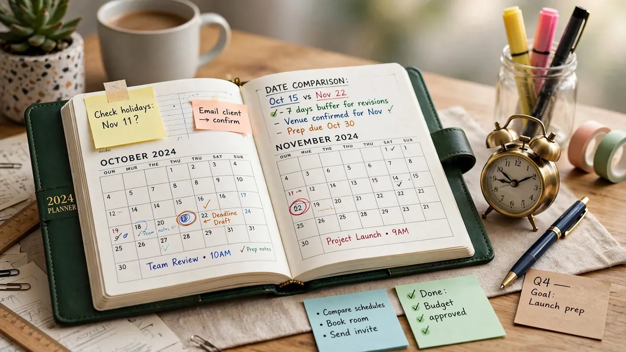 A desk with a planner, pen and a small clock
