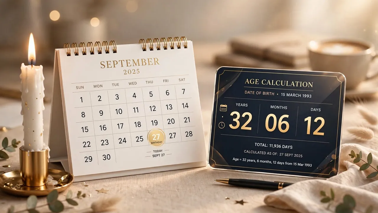 A calendar with a birthday candle and a years-months-days counter motif