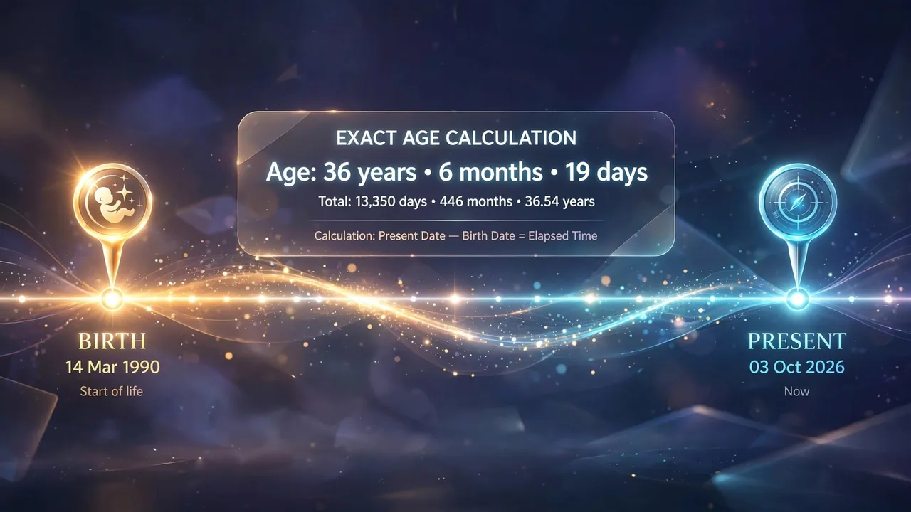 A glowing timeline from a birth-date marker to a present-day marker