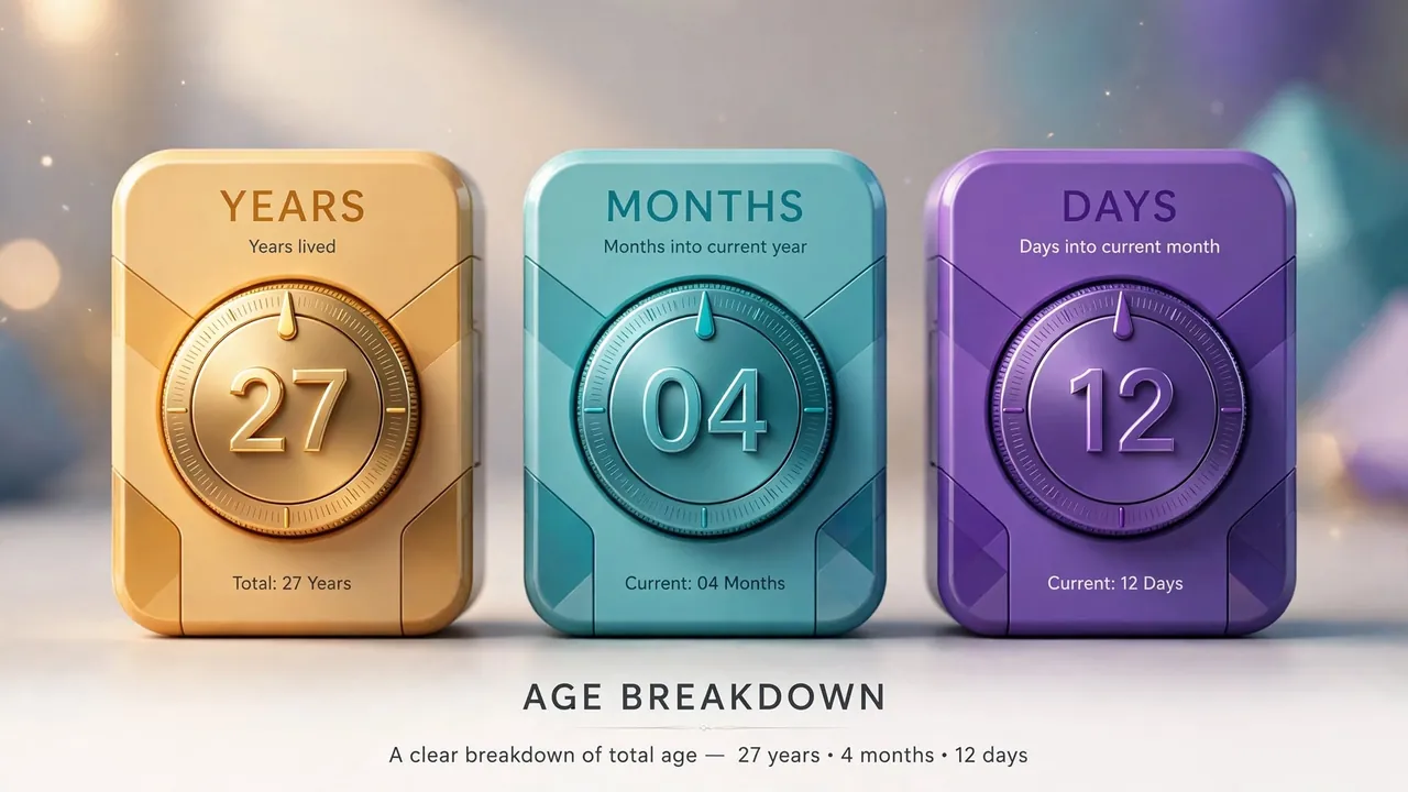 Three counter dials for years, months and days