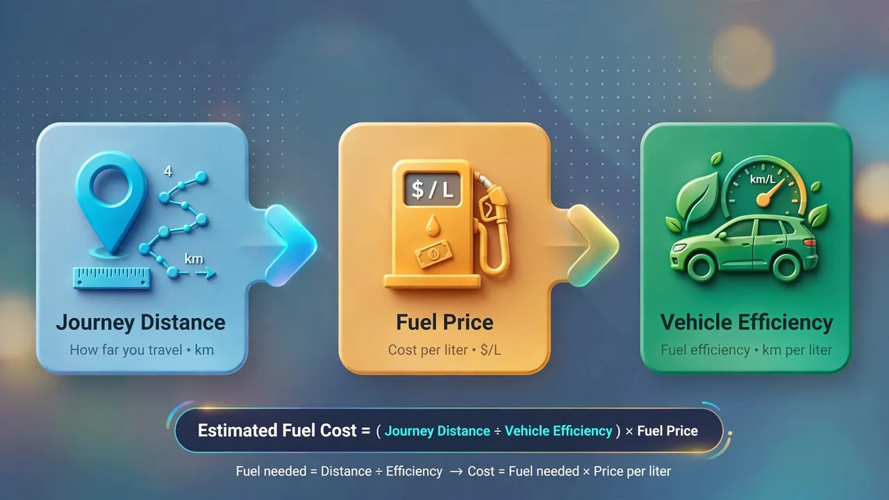 Three icons in sequence: distance, fuel price and vehicle efficiency