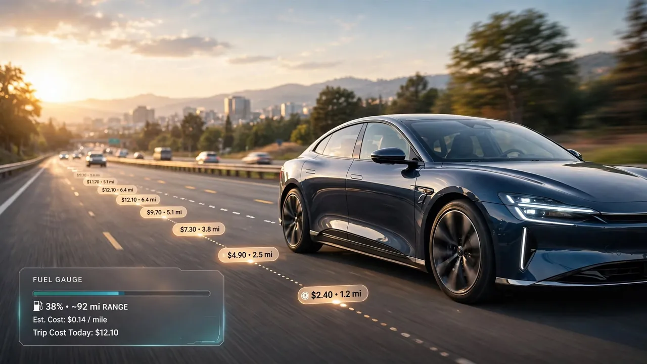 A car on a highway with a fuel gauge and a trail of cost markers